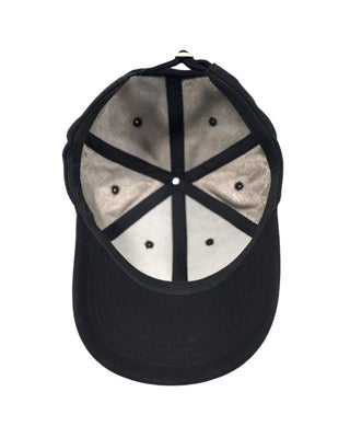 EMF protective black baseball cap with a silver-lined interior, designed to shield the head from electromagnetic fields.