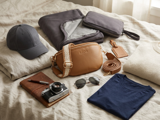 Collection of travel items including a cap, camera, sunglasses, and clothing on a bed.
